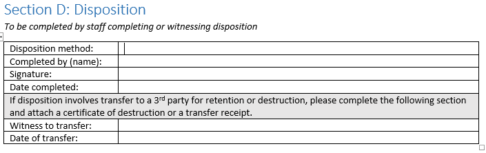 Section d of disposition form
